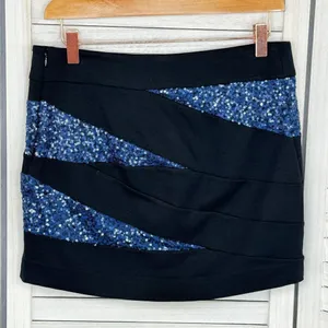 Express Knit Sequin Panel Mini Skirt Blue Black‎ Size 4 thumbnail 3