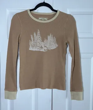 American Eagle Waffle Knit Graphic Thermal Womens‎ Size S Tan Forest Y2K Cotton thumbnail 1