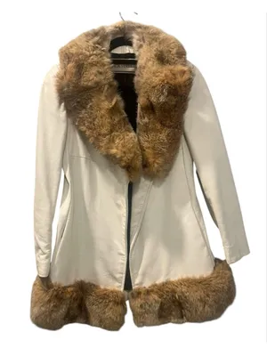 Rare Vintage 70s Back Street White Leather Penny Lane Coat Real Fur Trim Size 8 thumbnail 1