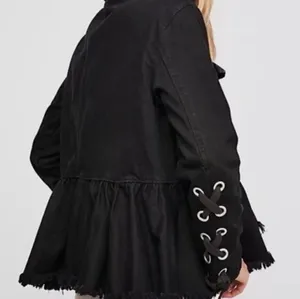 Free People Willow Black Denim Jacket Peplum Raw Hem Lace Up Cuff Military Medium thumbnail 2