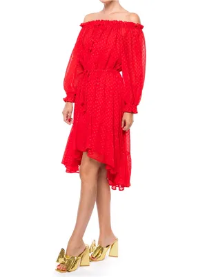 NEW Meghan LA Keiko Swiss Dot Midi Dress Sizes XL Cherry Red Chiffon thumbnail 2