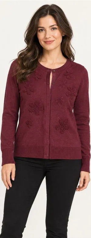 B. Moss Women’s Burgundy Floral Embroidered Wool Blend Cardigan Size L thumbnail 1