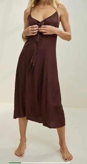 Aerie Satin Midi Brown Dress thumbnail 1