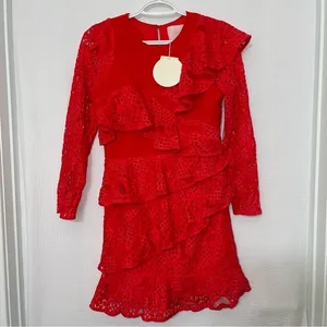 Revolve Aijek Mae Ruffled Lace Mini Dress‎ in Rouge NWT thumbnail 5