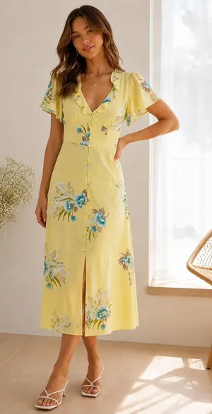 Urban Outfitters Heartmelter Midi Party Floral Button Front V-neck Dress Medium thumbnail 1