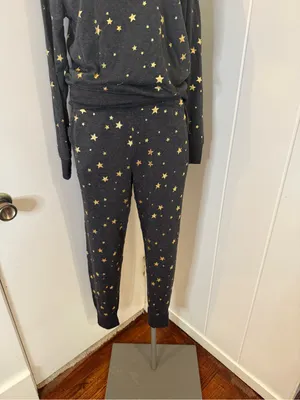 aerie Wonen’s Black Pajama Set with Gold Star Print Sz S thumbnail 3