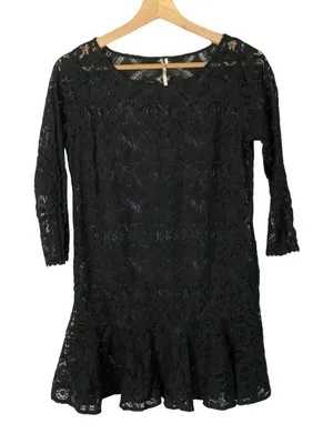 Free People Black Sheer Lace Ruffle Hem Mini Dress‎ 4 thumbnail 1