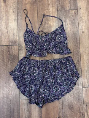 NWT $68 Anthropologie Silky Purple Paisley Pajama Sleep Set w/ Shorts Women's XL thumbnail 1
