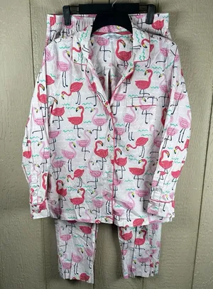 The Company Store Pajama Set Women Medium Pink Poplin Flamingo Long Sleeve Pants thumbnail 1