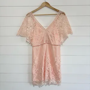 Boohoo Peach Lace Mini Dress Size‎ 10 V-Neck Sheer Sleeve Romantic thumbnail 7