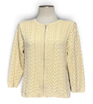 Christopher & Banks 100% Cotton Cable Knit Sweater Zip Up Light Yellow Large thumbnail 1