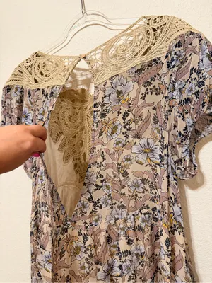 Free People Margot babydoll mini dress, bohemian printed crochet detail sz M thumbnail 5