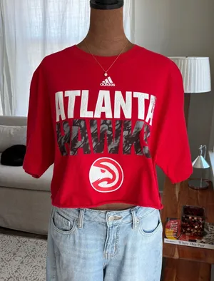 Adidas Atlanta Hawks Red Cropped Short Sleeve‎ T-Shirt Raw Hem 100% Cotton Large thumbnail 1