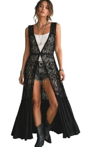 Sin Clarity Sheer Lace Duster Black Maxi Overlay Gothic Festival Whimsygoth Sz S thumbnail 1