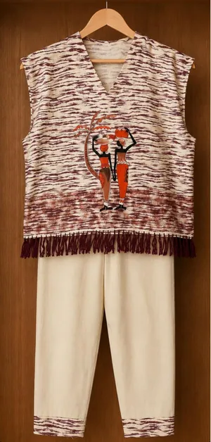 Vintage African Dashiki Poncho Pants Lounge Set Cream Tribal Print Handmade thumbnail 1