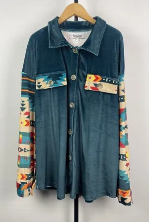 Rowdy Crowd Blue Western Aztec Soft Ribbed Velvet Long Sleeve Button‎ Up Shirt L thumbnail 1