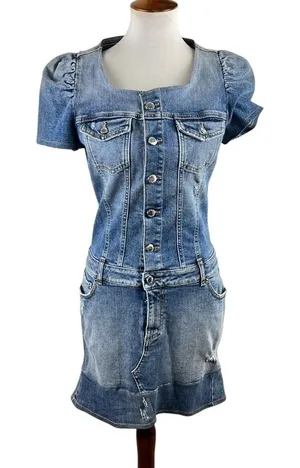 Retrofête Denim Sibi Mini Dress Puff Sleeve Square Neck Blue Wash Size M thumbnail 1