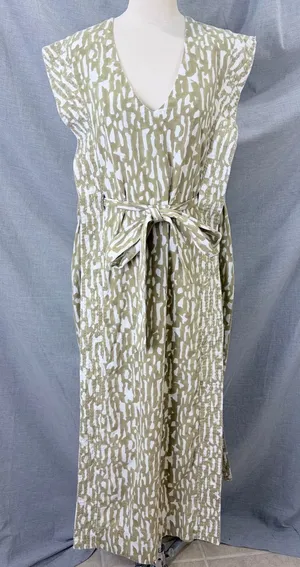 MIRTH‎ Olive Block Print Cotton Midi Dress Kantha Stitch Integrated Belt L thumbnail 1