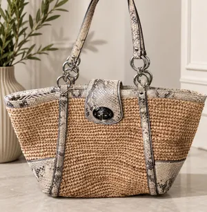 Coach Hampton Straw & Python Snakeskin Leather Trim Tote thumbnail 1