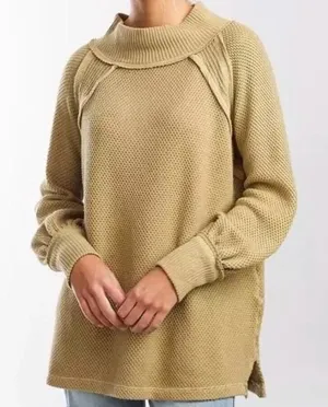 We The Free People Shes A Keeper Thermal Tan Waffle Knit Mock Neck Tunic Sweater thumbnail 1