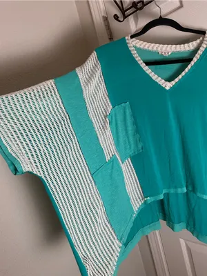 POL Bohemian Oversized Contrast Crochet Tunic Top – Teal & Cream – Size S thumbnail 5