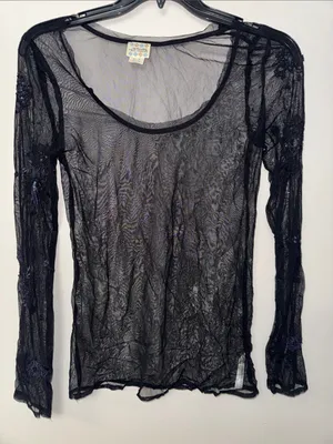 Free People Black Sheer Long Sleeve Mesh Top thumbnail 1
