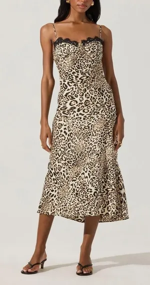 ASTR NWT The Label Leopard Print Lace Trim Midi Slip Dress Satin Size Medium thumbnail 1