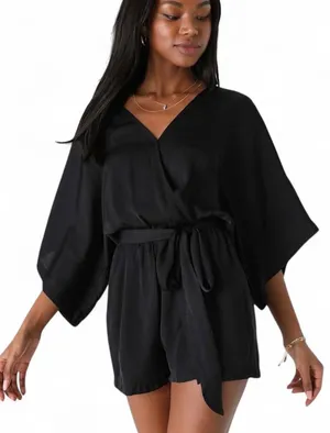 Lulus Pants Sz M V-Neck Romper with Waist Tie Wrap Front Dolman Sleeves Sexy thumbnail 1
