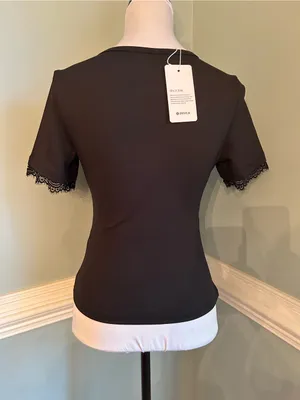 Women's Black Short Sleeve Tee with Lace Trim small thumbnail 2