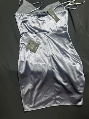 Lulu's Satin Mini Slip Dress in Slate Blue thumbnail 2