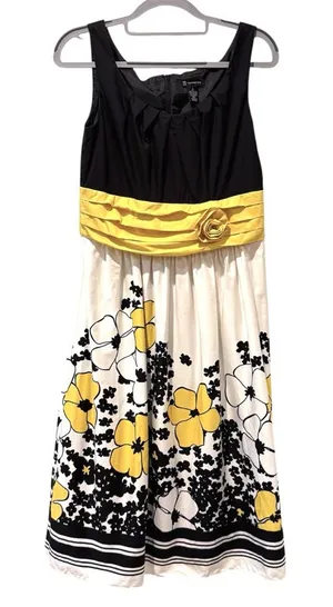 New Directions Bold Floral Cotton Summer Dress Black‎ White Yellow Size 6 thumbnail 1