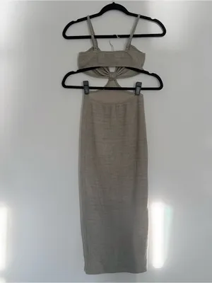 White Fox Boutique Taupe Cutout Knit Midi Dress thumbnail 6