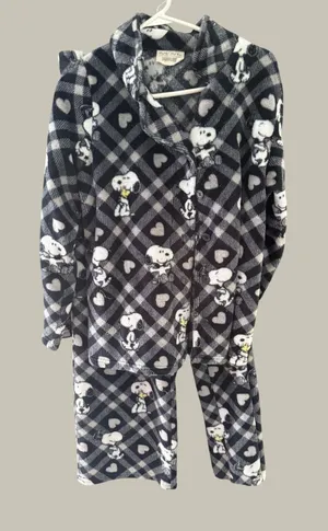 Munki Munki Peanuts Snoopy Fleece Pajama Set XL Black White Plaid Hearts Button thumbnail 1