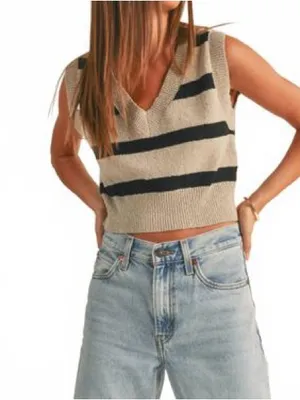 NEW Miou Muse V Neck Cropped Sweater Vest in Black and Beige Stripe - Size M thumbnail 3