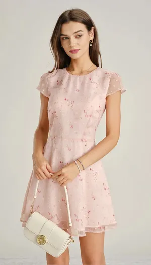 Rihoas Pink Cap Sleeve Jacquard Fit-and-Flare Mini Dress thumbnail 1
