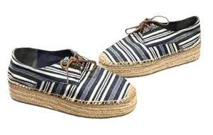 Tory Burch Florence Platform Espadrilles Women 9 Blue White Striped Canvas Shoes thumbnail 1