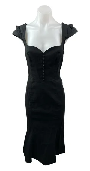 Anthropologie The Cecily Black Linen Sweetheart Cap Sleeve Midi Flare Dress Sz S thumbnail 1