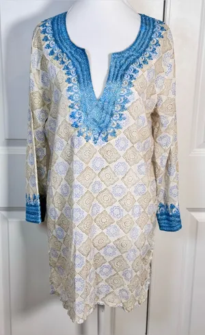 Roberta Roller Rabbit Tunic S Blue Cotton Embroidered Beach Cover Up Boho Resort thumbnail 1