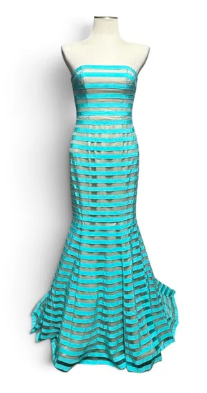 Sherri Hill Strapless Striped Mermaid Gown Turquoise Aqua Blue Sheer 6 thumbnail 1