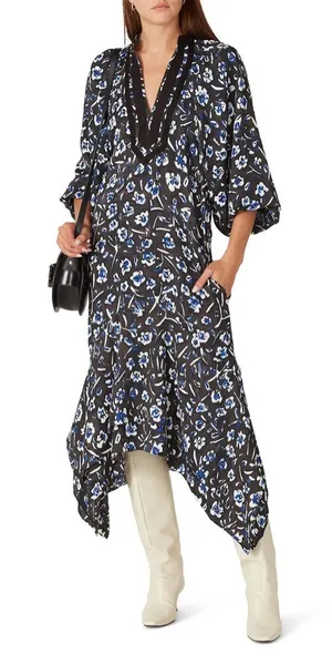 Tory‎ Burch Puff Sleeve Handkerchief Floral Tunic Asymmetric Midi Dress Small thumbnail 1
