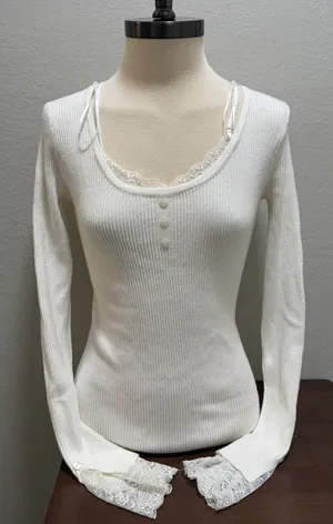 Sweet Rain Women’s White Lace Trim Henley Long Sleeve Top M thumbnail 1