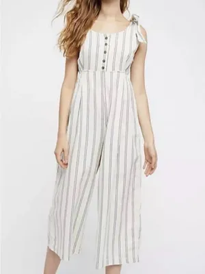 Free People Cream & Navy PinStriped Linen Tie-Shoulder Wide Leg Crop Jumpsuit 2 thumbnail 7
