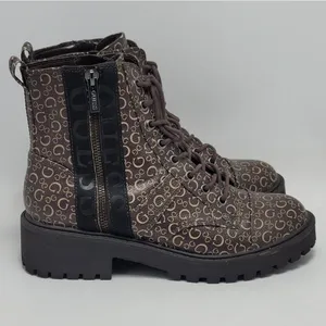Guess Los Angeles Womens Brown Logo Ankle Combat Lace Up Boots Side Zip Sz 8.5M thumbnail 1