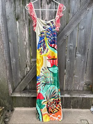NWT Anthropologie Conditions Apply Ruffled Abstract Maxi Dress XS Retail $170.00 thumbnail 3