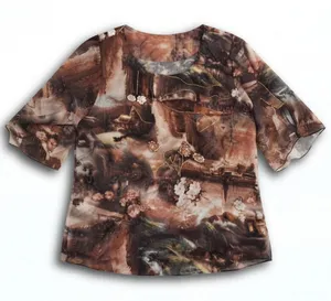 Vintage Sheer Landscape Floral Beaded Blouse Brown Earthy Art Print Top thumbnail 1