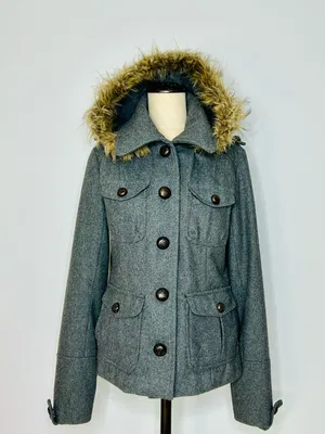 Vintage Y2K dELiA*s Grey Wool-Blend Peacoat with Removable Faux Fur Hood Medium thumbnail 3