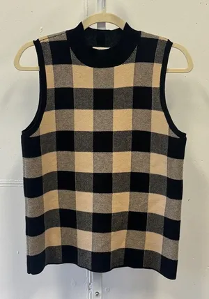 Loft Outlet Black Tan Buffalo Plaid Mock Neck Sleeveless Sweater Vest Top Career thumbnail 1