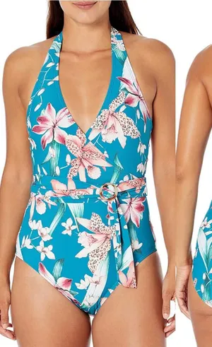 La Blanca Teal Floral Wrap One Piece Halter Tummy Control Swimsuit Size 12 thumbnail 1