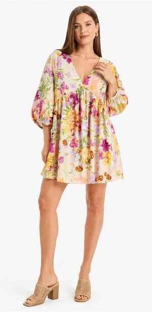 H&M XL Floral Babydoll Mini Dress Puff Sleeve V Neck Tie Back Cottagecore Pretty thumbnail 1