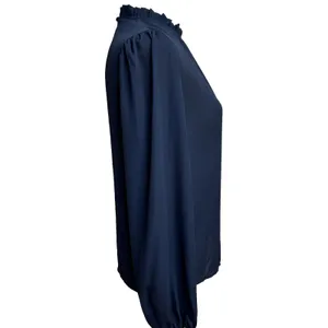 SheIn Chiffon Blouse Navy Ruffle Mock Neck Bishop Sleeve Work Modest Minimalist XS‎ thumbnail 4
